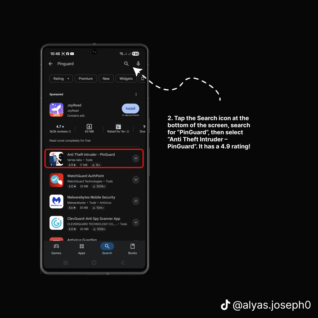 Play Store search results with Anti Theft Intruder – PinGuard highlighted