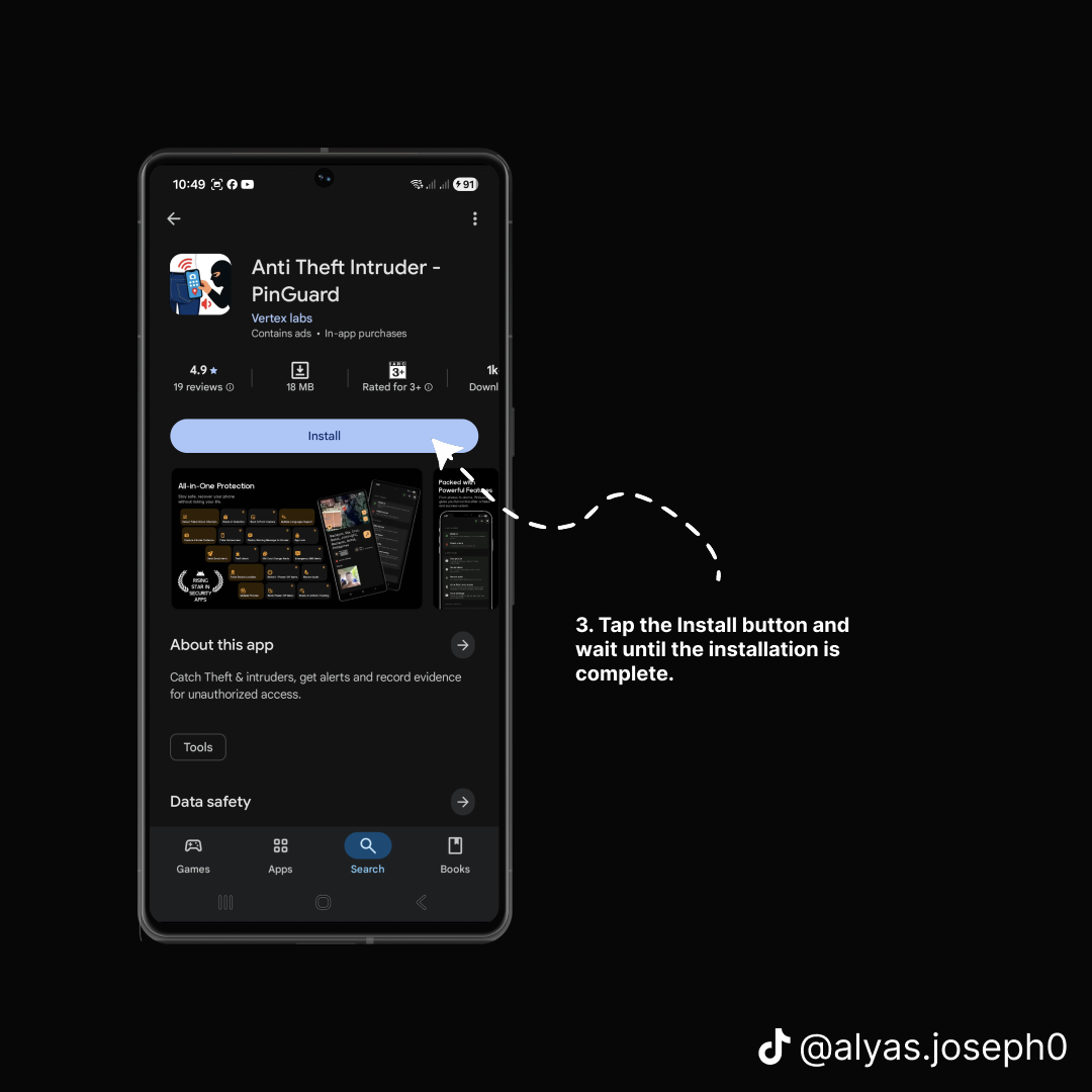 PinGuard Play Store listing with the Install button highlighted