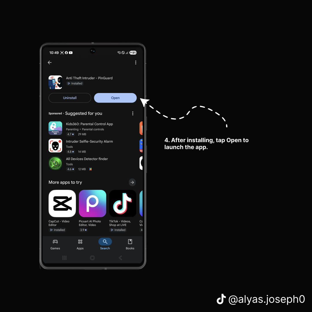 Play Store listing showing the Open button after installation