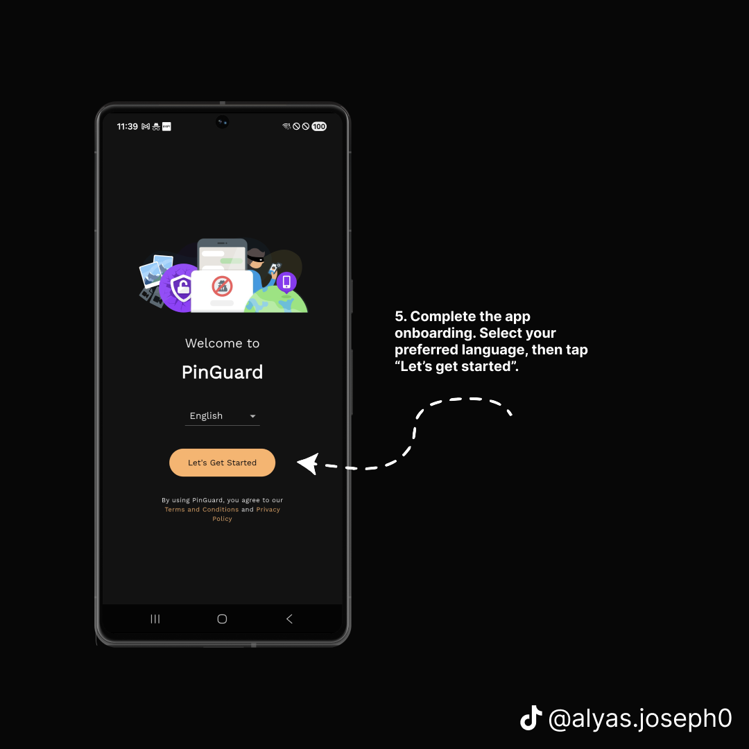 PinGuard welcome screen with a language selector