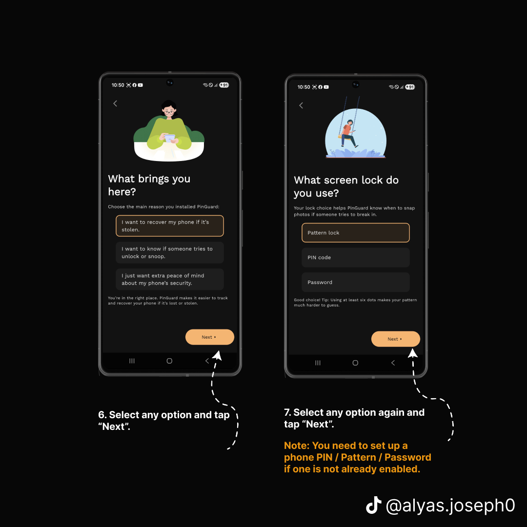 Two onboarding screens asking why you installed PinGuard and which screen lock you use