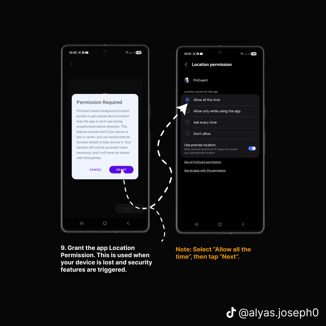 Android location permission dialog with Allow all the time selected