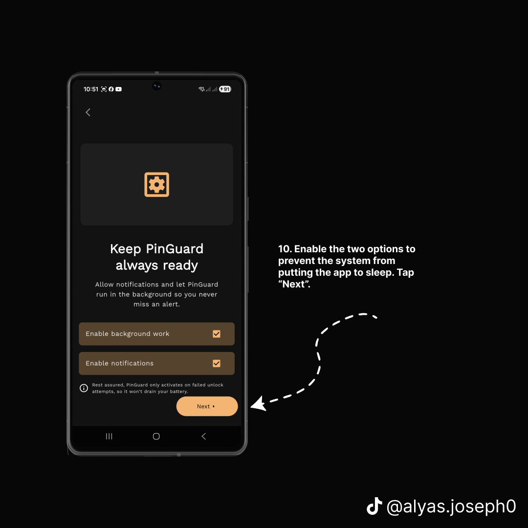 Screen enabling background work and notifications