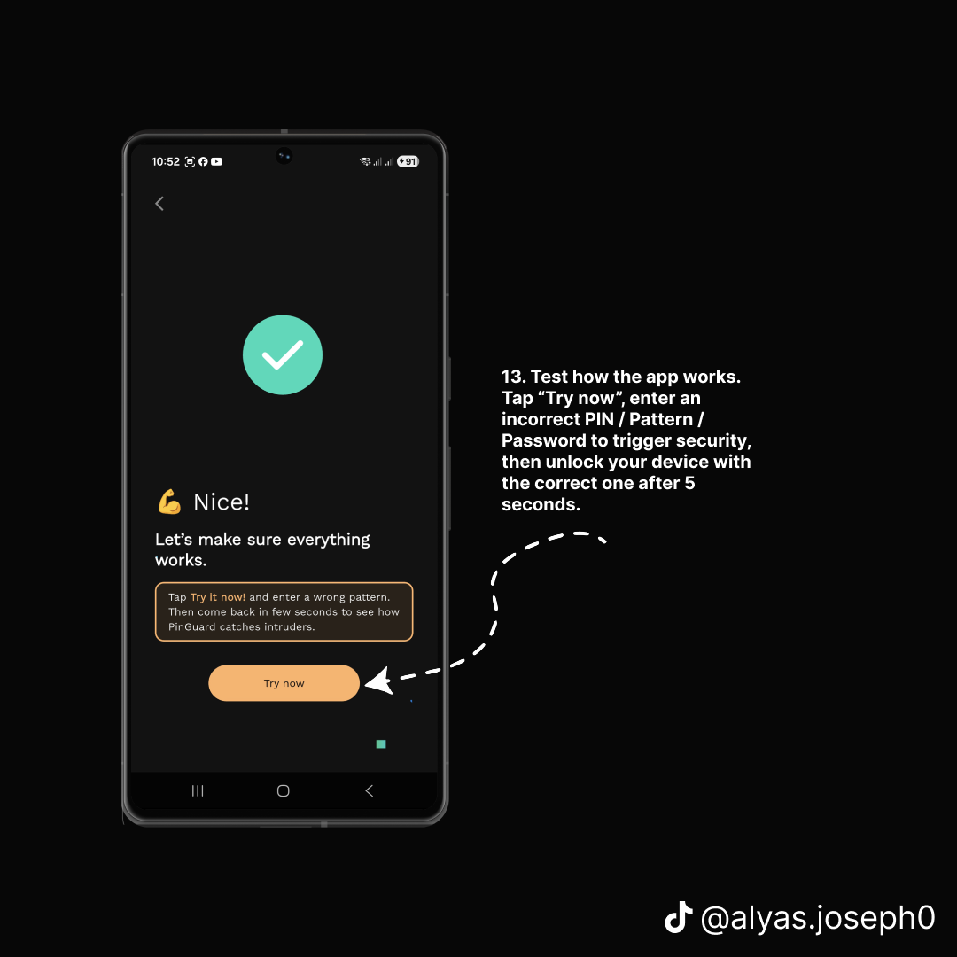 Confirmation screen inviting you to test PinGuard
