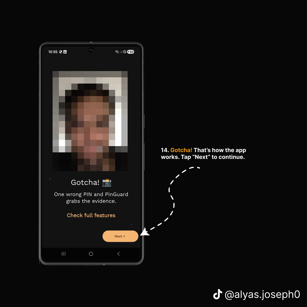 Gotcha screen showing the photo captured after a failed unlock