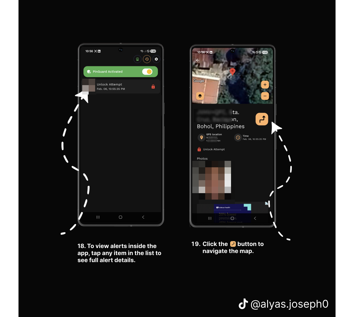 In-app alert history and a full alert detail view with map and photo