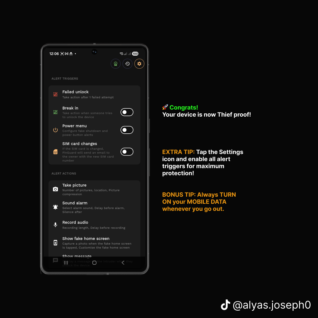 PinGuard settings screen listing alert triggers and alert actions